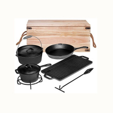 7-Piece Cast Iron Preseasoned Camping Cookware Sets with Wooden Box